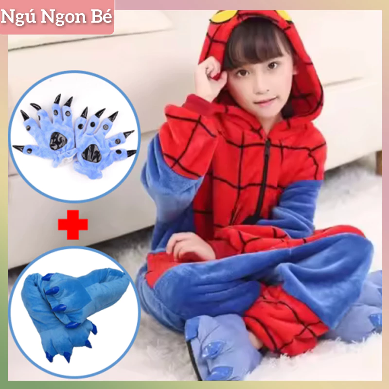 Bộ đồ liền thân Người Nhện cho trẻ em Trang phục nhập vai phim Đồ ngủ trẻ em mùa đông Áo liền quần flannel
