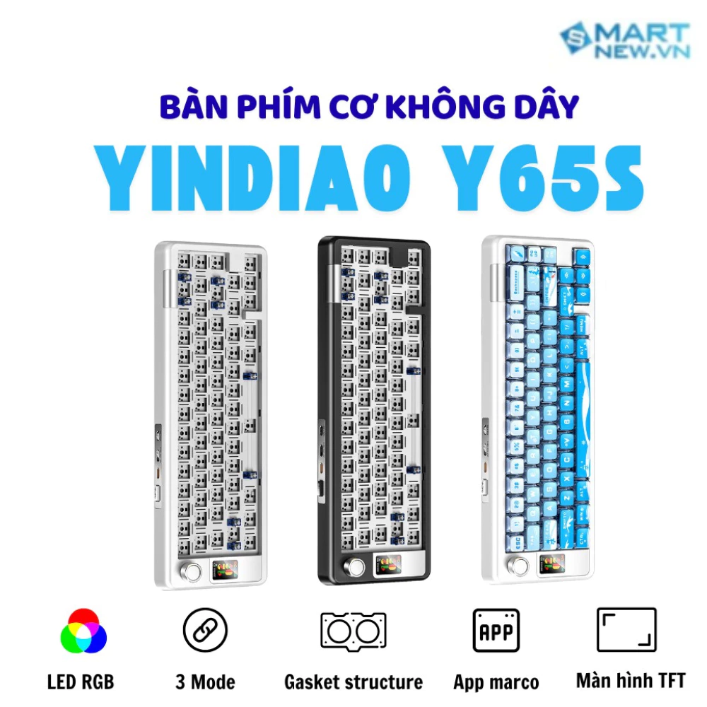 Bàn phím cơ không dây YINDIAO Y65S - Led RGB - 3 mode kết nối - Màn TFT - Hotswapable - APP - Mạch xuôi - Núm xoay