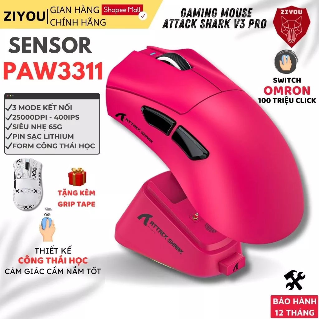 Chuột Gaming Không Dây Ziyou Attack Shark V3 Pro Cảm Biến PAW3311, Dock Sạc RGB, 1000Hz, Pin 500mAh