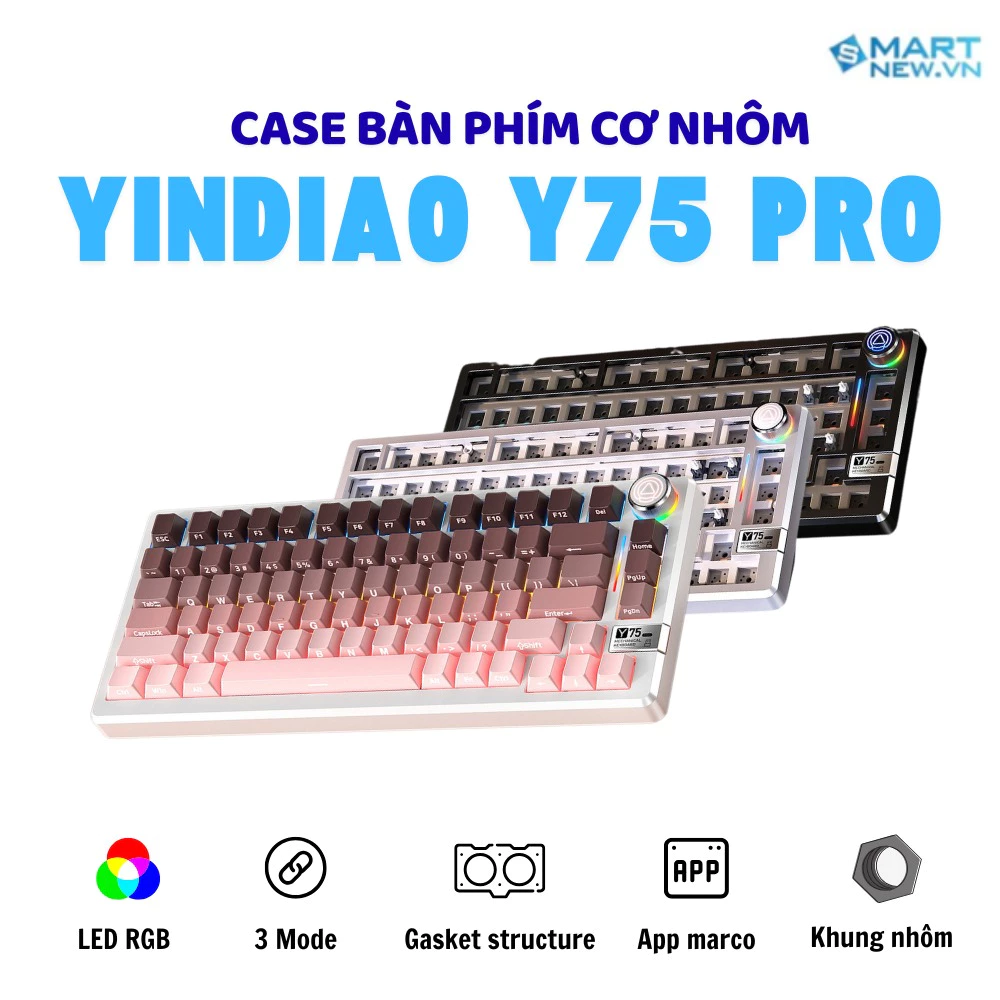 Case bàn phím cơ không dây khung YINDIAO Y75 pro - Led RGB - 3 mode kết nối - Hotswapable - APP - Mạch xuôi - Núm xoay