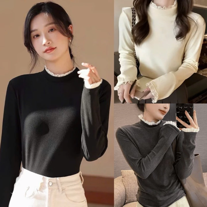 Áo thun giữ nhiệt phối ren cổ cao, Áo giữ nhiệt nữ ren tay và cổ hàng LOẠI 1 cao cấp không bai xù