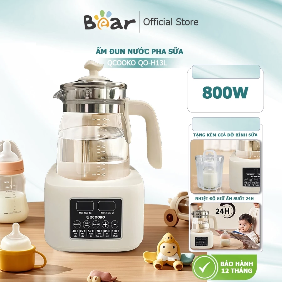 [ Tặng giá đỡ] Ấm Đun Nước Pha Sữa Qcooko QO-H13L Công Suất Cao 800W, Khử Clo, Máy Hâm Sữa, Tiệt Trùng Bình Sữa