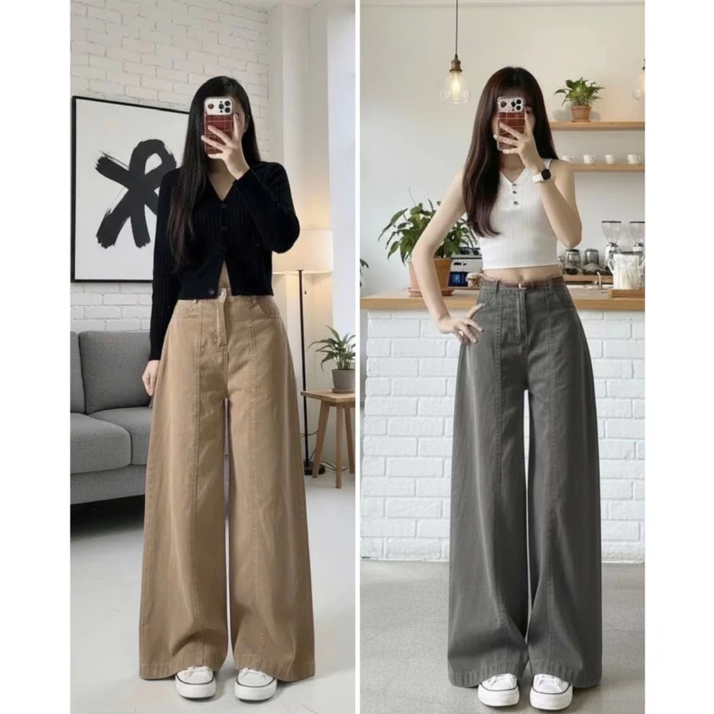 Quần jean suông ly trước gấu to, quần suông 2 màu lưng cao hách dáng