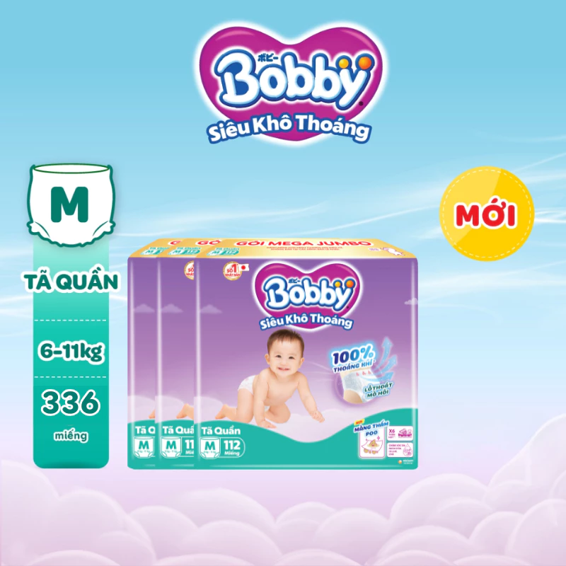 [KOL] [TẶNG MIẾNG] Combo 3 tã quần Bobby Siêu Khô Thoáng - 100% Thoáng Khí Mega Jumbo M112/L96/XL84/XXL76
