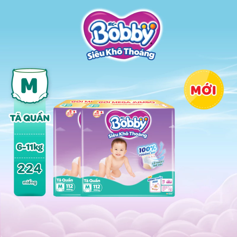 [KOL] [TẶNG MIẾNG] Combo 02 tã quần Bobby Siêu Khô Thoáng - 100% Thoáng Khí Mega Jumbo M112/L96/XL84/XXL76