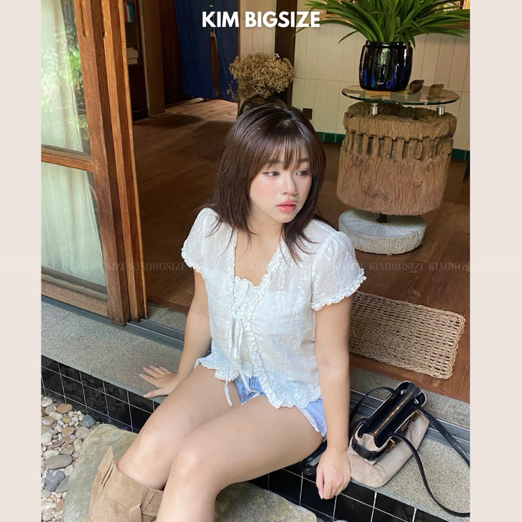 Áo ren kiểu tay ngắn form rộng vừa 2 lớp cột dây bigsize(55-85kg)[KIMBIGSIZE]