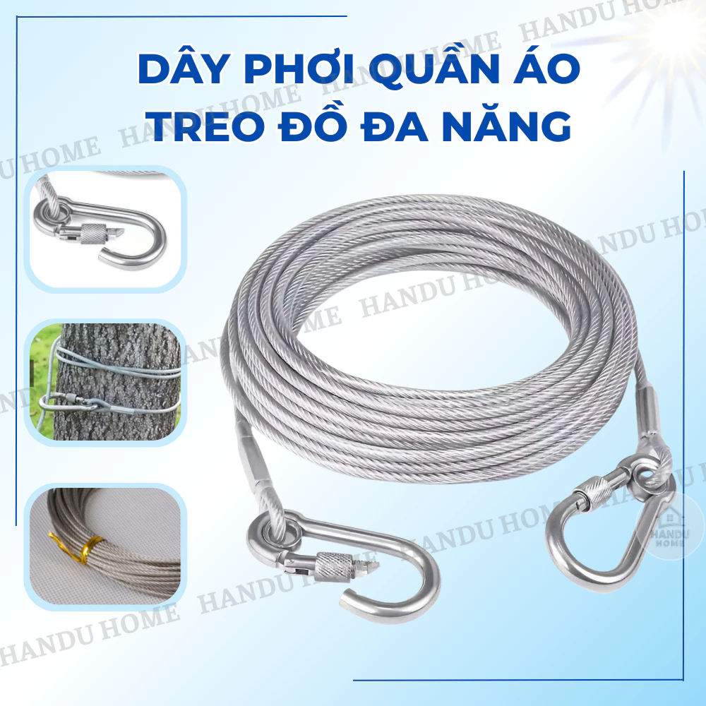 Dây Phơi Quần Áo Bằng Thép Không Gỉ Đa Năng 4.6m, Có Móc Khóa 2 Đầu, Treo Trong Nhà Ngoài Trời, Chống Gỉ, Chịu Lực Cao