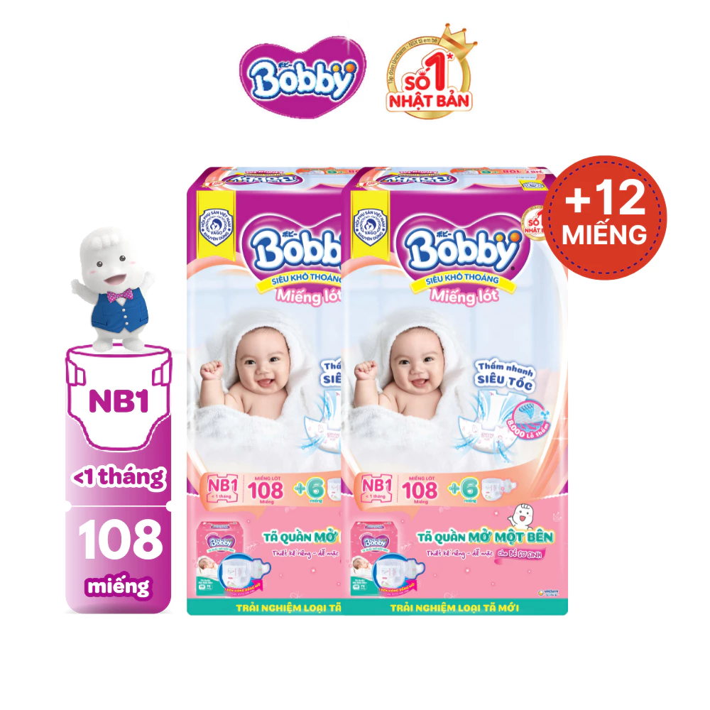 [KOL] Combo 2 gói miếng lót sơ sinh Bobby Newborn 1-108 miếng  - Tặng miếng ngẫu nhiên