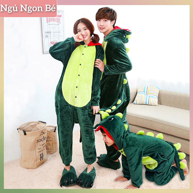 dễ thương Bộ đồ liền thân khủng long xanh cho bố mẹ và bé Trang phục không thể thiếu cho Halloween và Giáng sinh