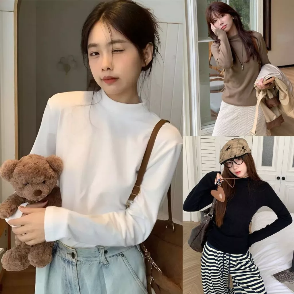Áo giữ nhiệt nữ MIAA dài tay cổ 3cm chất cotton co giãn màu đen trắng đầy đủ size giữ ấm mùa đông