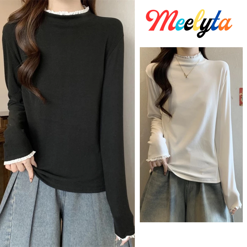 Áo giữ nhiệt nữ MIAA phối ren điệu đà cổ cao 3cm, áo thun giữ nhiệt ôm eo đủ size