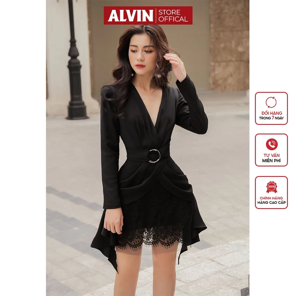 Đầm xoè chéo tay dài phối ren kèm đai Alvin Store 2846