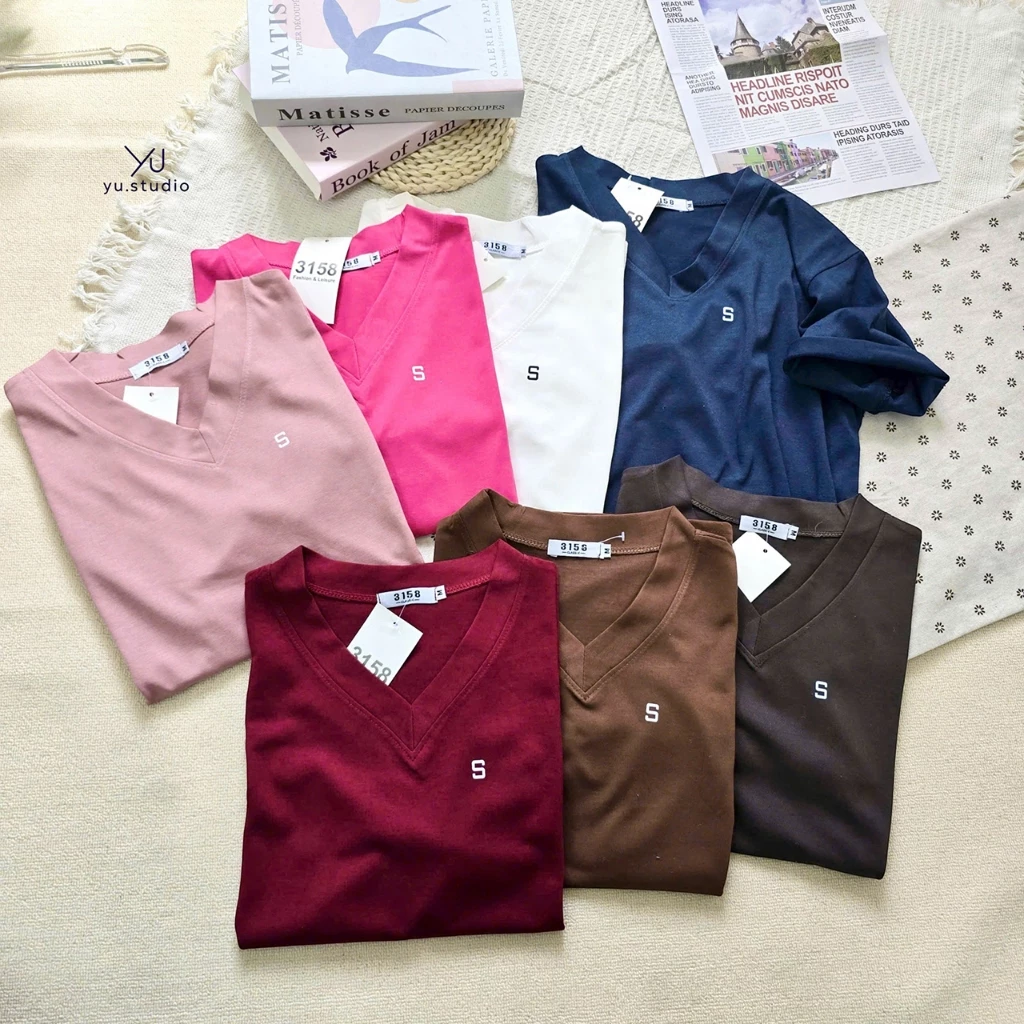 Áo thun YUSTUDIO, áo 3158 cotton khô form rộng mẫu CỔ TIM 3158 mẫu Chữ S