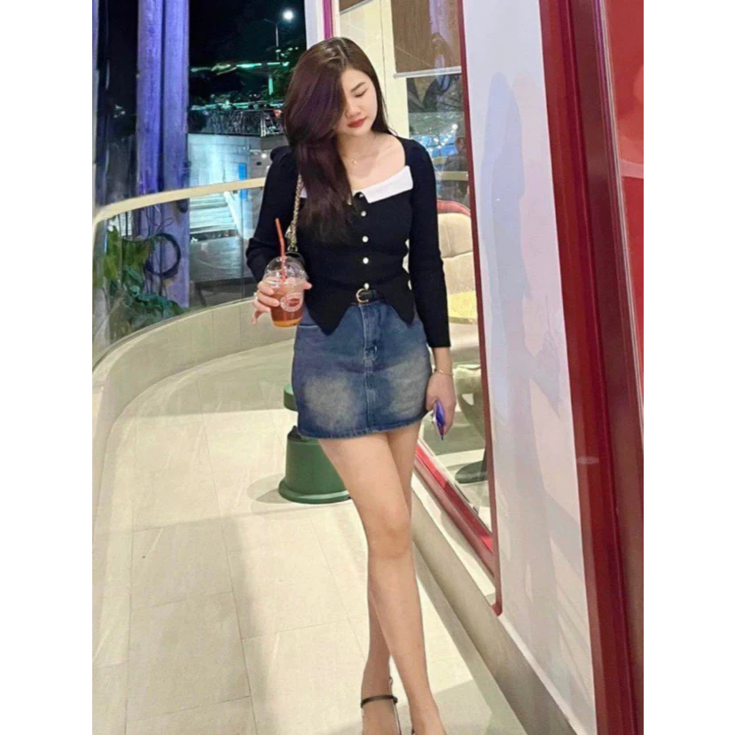 XẢ KHO _ Chân váy jean nữ ngắn chữ A ngắn có lót quần trong, Chân váy JEAN XANH TÚI TRÒN dáng ngắn