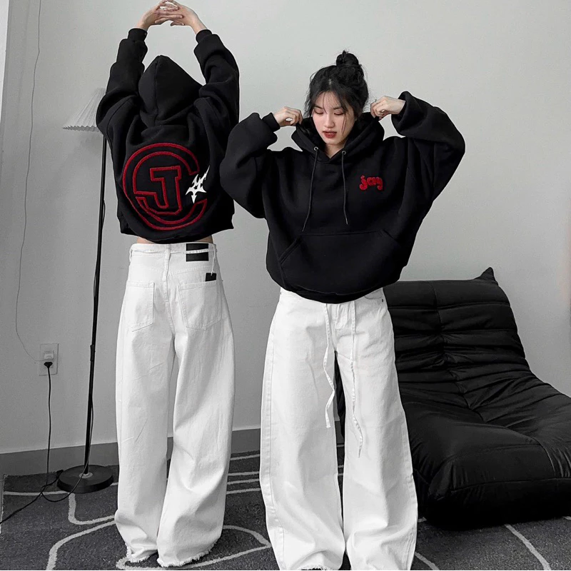 HOODIE CJAY - Áo khoác hoodie thêu xù form Boxy rộng mũ to nam nữ unisex màu XÁM TIÊU/XÁM CHÌ/ĐEN 🖤
