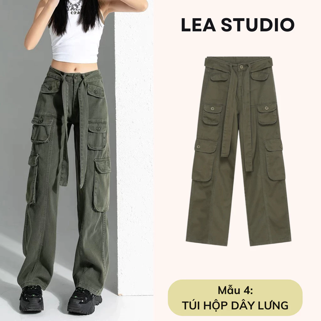 XẢ KHO_ Quần Dài Kaki Ống Rộng Túi Hộp DÂY NỊT Cạp Cao Nam Nữ  Màu RÊU , quần cargo pants kaki ống rộng hiphop retro