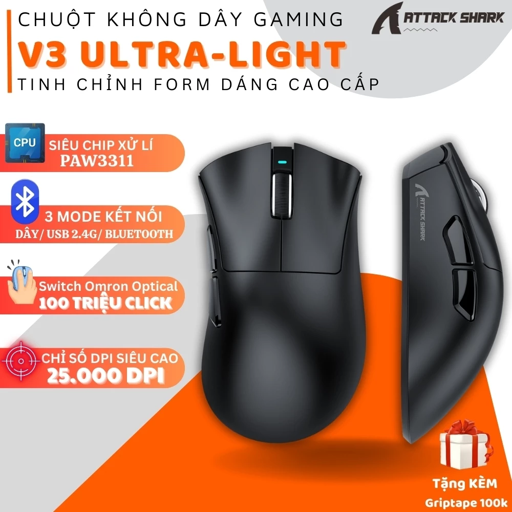 Chuột Esports Không Dây Attack Shark V3 Ultra Light – Pixart PAW3311 Hiệu Năng Cao, Pin 500mAh, App