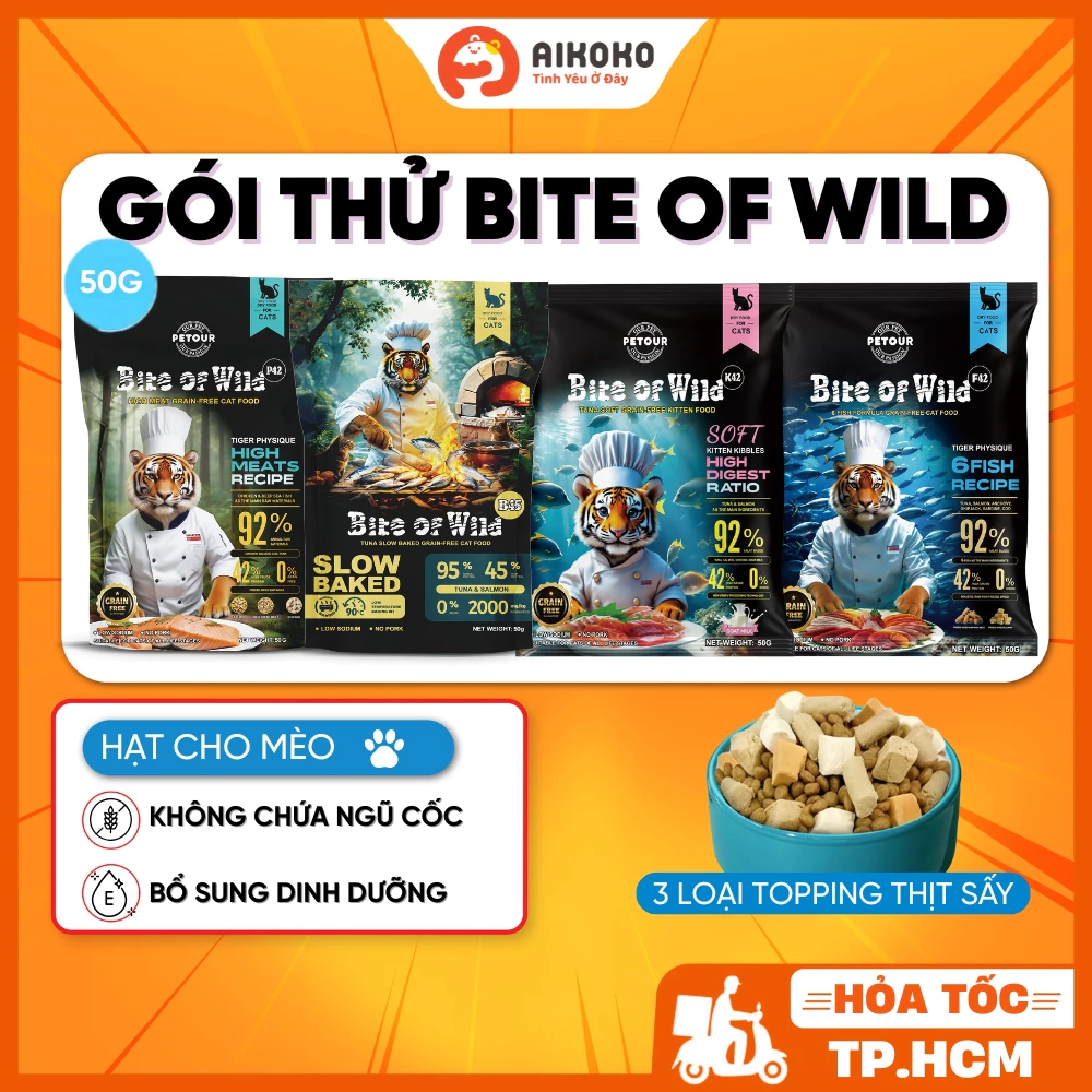 Hạt Cho Mèo Bite Of Wild P42, K42, F42, B45 50g - Nhiều Topping Thịt Sấy, Không Chứa Ngũ Cốc -Aikoko