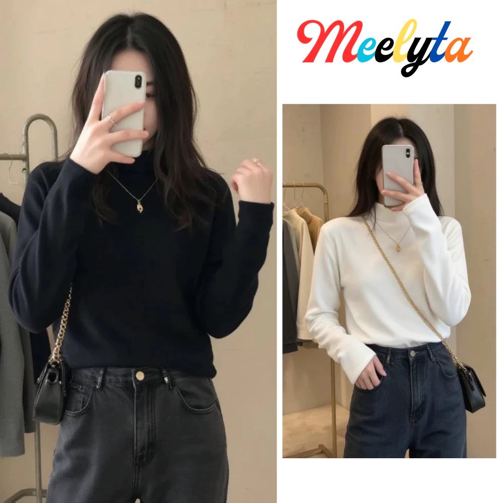 Áo thun giữ nhiệt nữ MELYTA cổ cao lót nỉ co giãn tốt phong cách Hàn Quốc chuẩn hàng QC, áo thun tay dài cao cổ