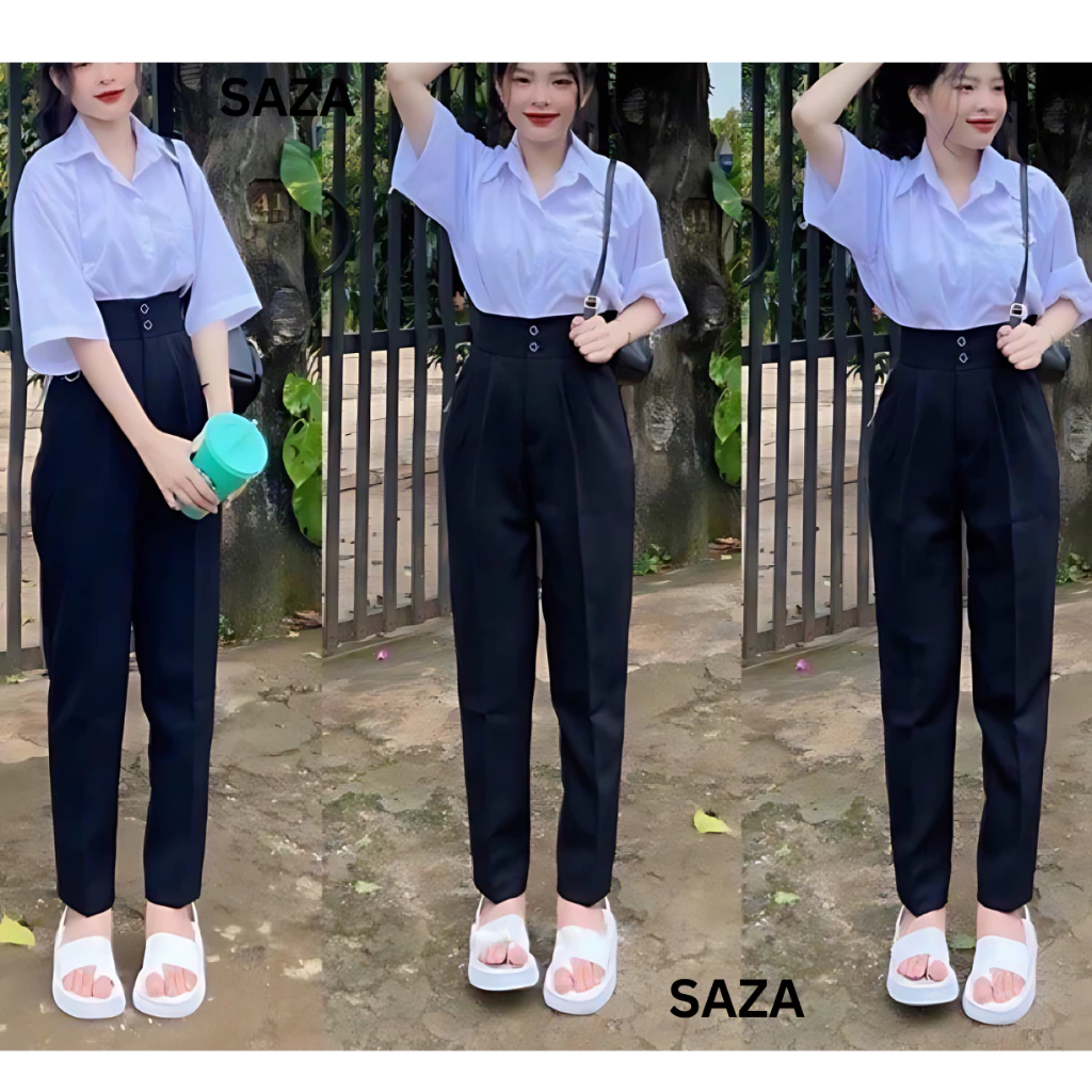Quần tây nữ đi học 2 nút khuy cúc dọc cài lưng cao dáng quần baggy vải nữ học sinh cấp 3 dày co giãn nhẹ đi học