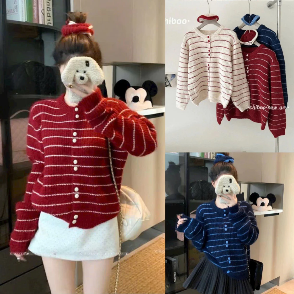 Set 2 Món Áo Khoác Len Cardigan Kẻ Ngang Dài Tay 247store Kèm Chun Buộc Tóc 1402