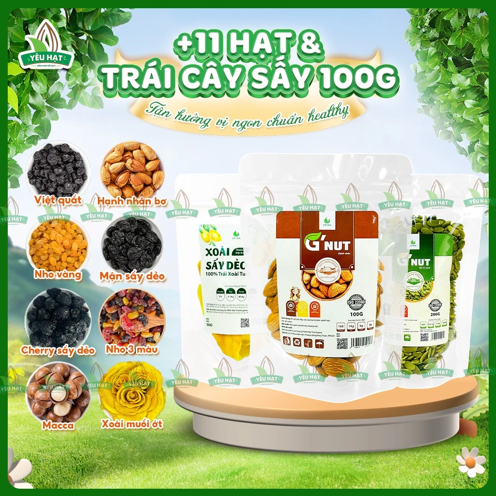 [+12 HẠT TRÁI CÂY SẤY 100G] Tổng Hợp Hạt Dinh Dưỡng Macca Hạnh Nhân - Nho Mận Xoài Sấy Dẻo TÚI ZIP