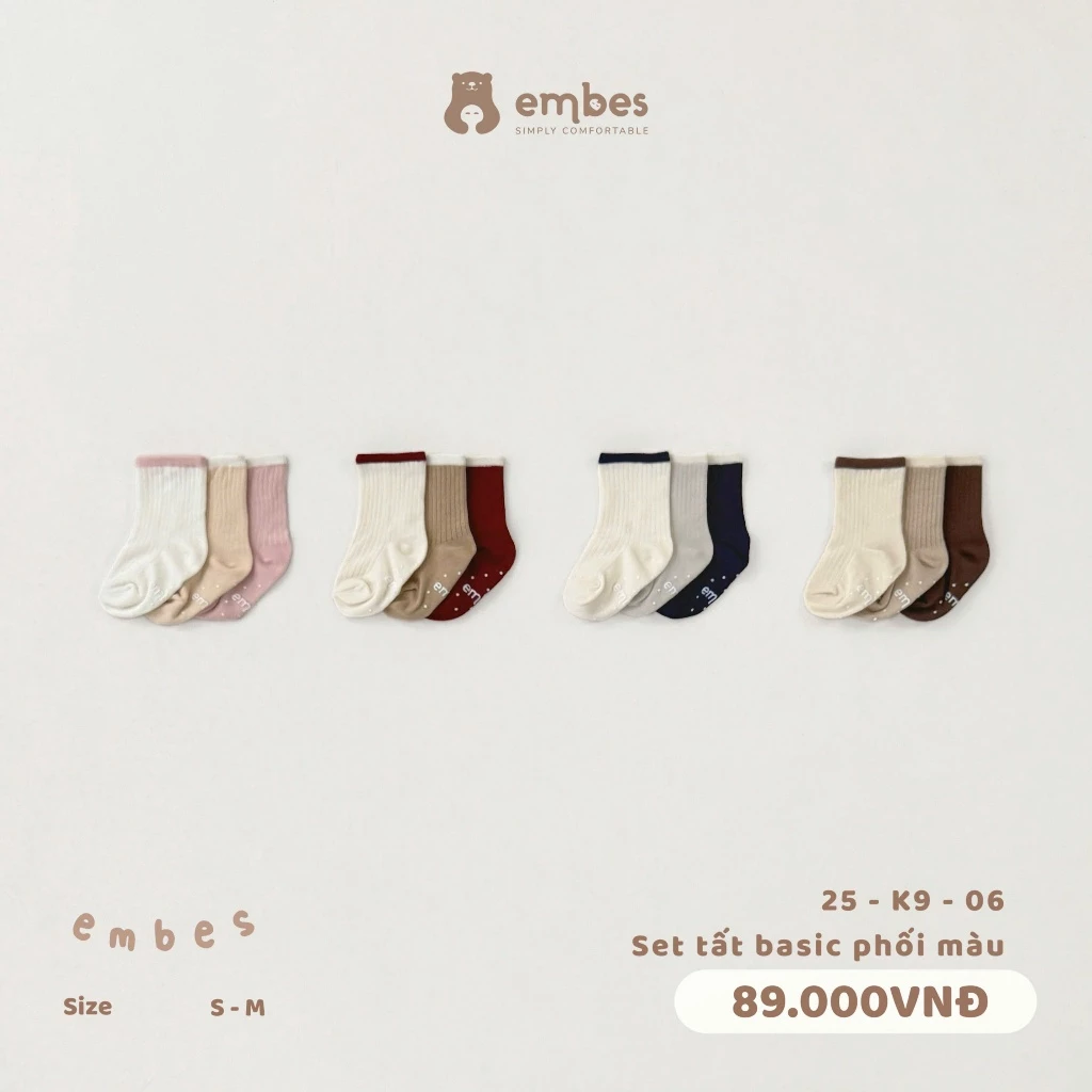 Tất Cho Bé Embes, Set 3 Đôi Vớ Chống Trơn Chất Cotton Mềm Mại Co Giãn Cho Bé Trai Bé Gái Từ 1-4 Tuổi
