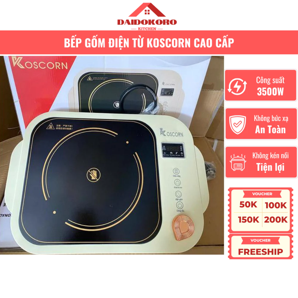 Bếp Gốm Hồng Ngoại Vovi Koscorn 3500W, Kính Cường Lực, Không Bức Xạ Nhiệt Tần Số Cao, An Toàn