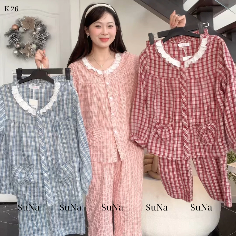 Đồ Bộ Pijama Nữ - Bộ Đồ Nữ Suna Clothing Kẻ Caro Chất Cotton Xịn Mềm Mại, Thoải Mái,Cổ Tròn Dài Tay, Quần Dài-K26