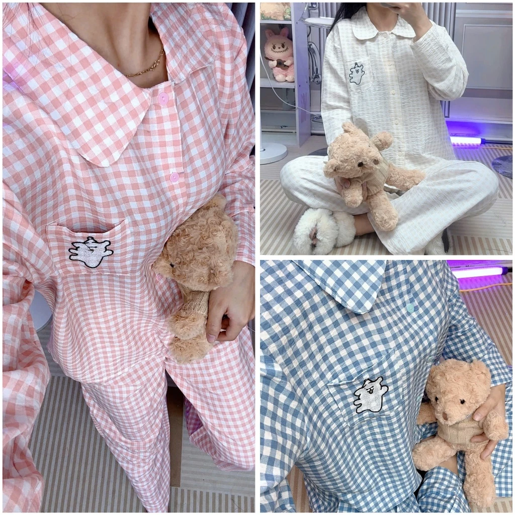 Bộ pijama dài tay mẫu mới kẻ sọc nữ, set đồ ngủ pijama quần dài kèm gấu túi ngực đơn giản