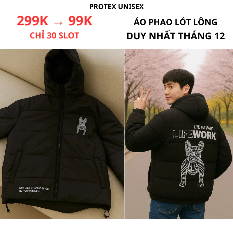 Áo phao nam đen có mũ big size in hình dày lót bông siêu ấm giữ nhiệt chống gió mùa đông lạnh