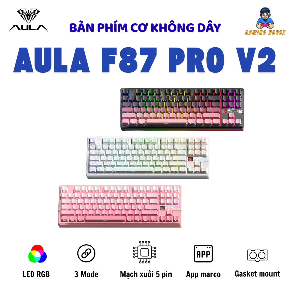 Bàn phím cơ AULA F87- 3 mode kết nối- LED RGB-87 phím- Hỗ trợ Hotswap- Có app Macro