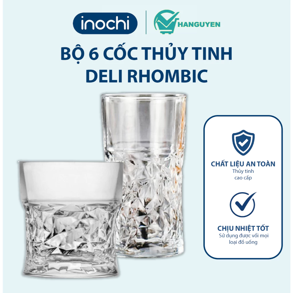 Bộ 6 cốc thủy tinh Rhombic Deli cao cấp vân kim cương dùng cho bàn tiệc, gia đình sang trọng