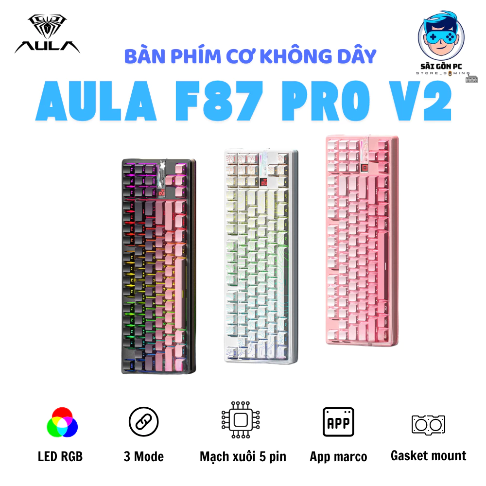 Bàn phím cơ AULA F87 Pro V2 - Pin 120000 - LED RGB- Layout TKL- Hotswap 5 Pin - Có app Macro -