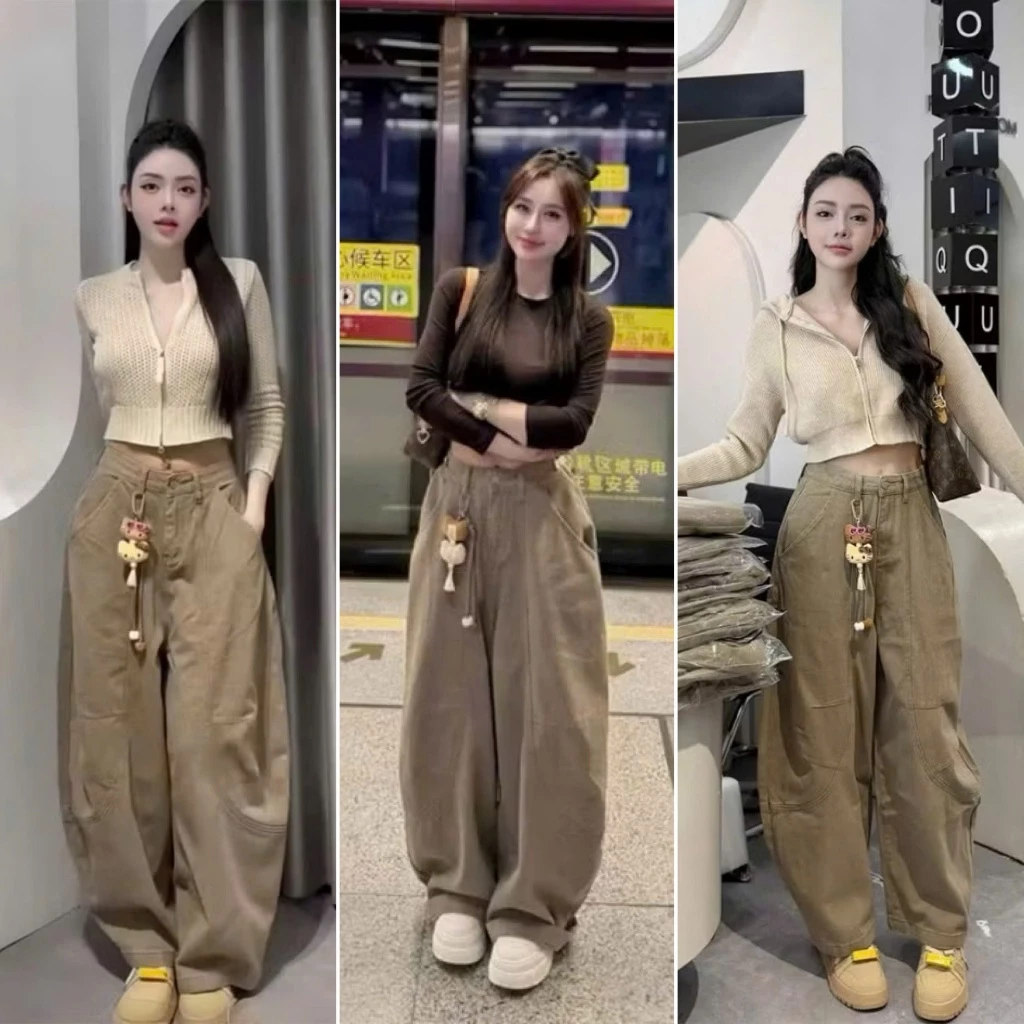Quần Jean Suông Baggy Cạp Cao Dáng Thụng Hót Mới Về Màu Nâu Tây