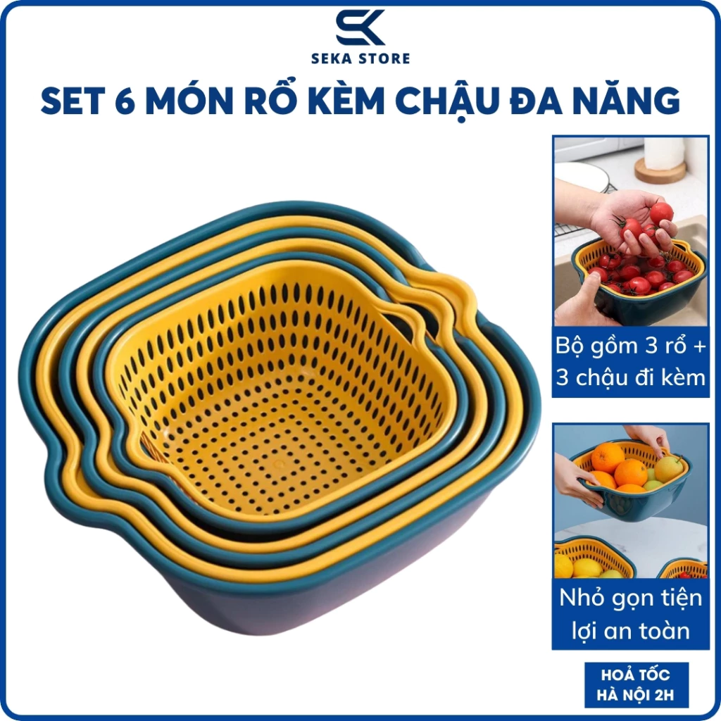 Set 6 Rổ Nhựa Kèm Chậu Mini Đa Năng, Rổ Nhựa Đựng Hoa Quả VÀNG XANH
