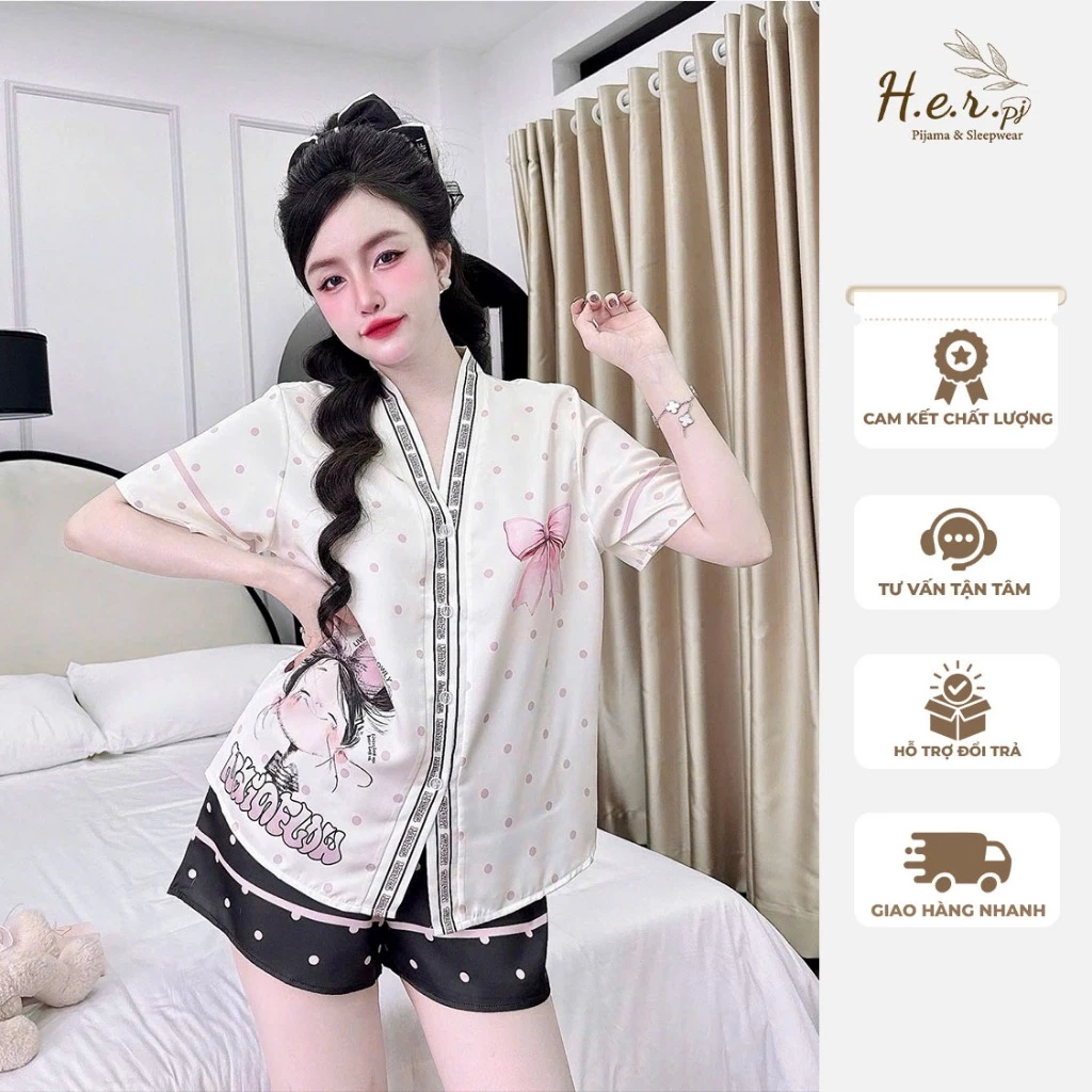 Đồ bộ nữ đồ mặc nhà Her Pijama cổ y chất lụa latin tơ tằm cao cấp họa tiết xinh