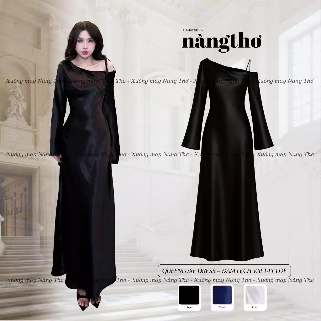 392 QueenLuxe Dress – Đầm Lệch Vai Dáng Dài Tay Loe Chất Lụa Queen L1 Mềm Rũ Dự Tiệc