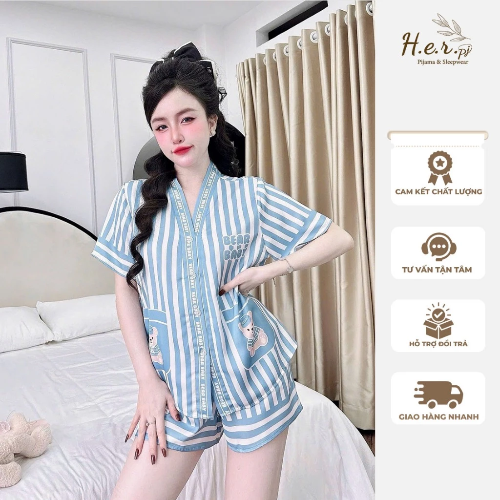 Bộ đồ ngủ nữ mặc nhà HER Pijama cộc đùi cổ y chất lụa latin tơ tằm cao cấp nhập khẩu