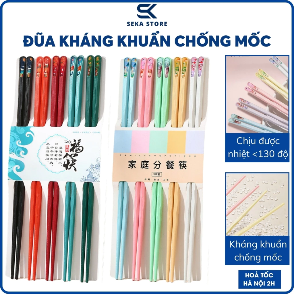 Bộ Đũa Ăn Cơm Gia Đình Sợi Thuỷ Tinh Nhiều Màu Kháng Khuẩn Không Mốc Chống Trơn Chịu Nhiệt Phong Cách Nhật Bản
