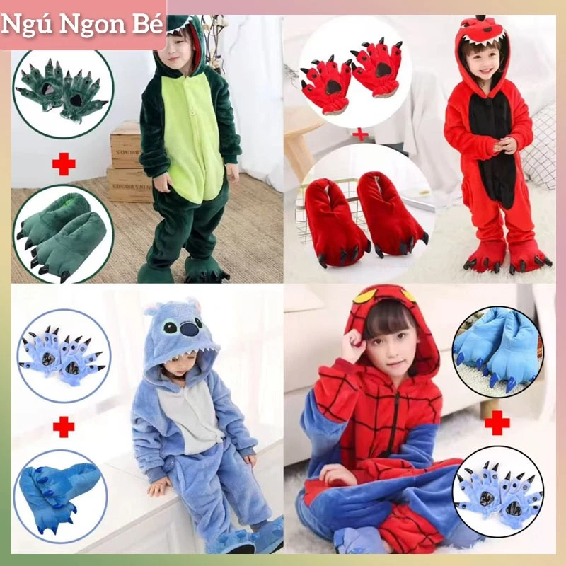 Bộ đồ liền thân hình thú hoạt hình cho trẻ em Khủng long xanh, khủng long đỏ, Stitch xanh, bộ đồ Người Nhện COD