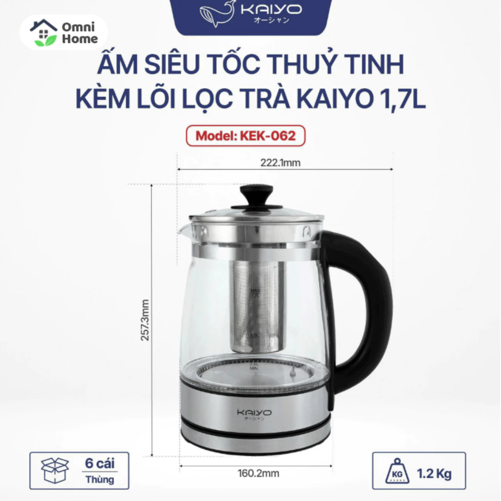 Ấm siêu tốc thuỷ tinh borosilicate kèm lọc trà có điều chỉnh nhiệt độ Kaiyo 1.7L (KEK-062)