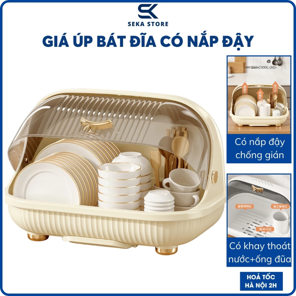 Giá Úp Bát Đĩa Có Nắp Đậy Tiện Dụng Hình Tai Mèo Cute