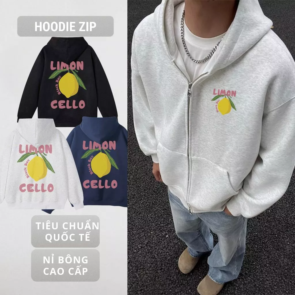 Áo Hoodie Zip Limon Cello nỉ bông ArtWear – Áo khoác hoodie zip form rộng dày dặn màu đen, xanh than, xám tiêu