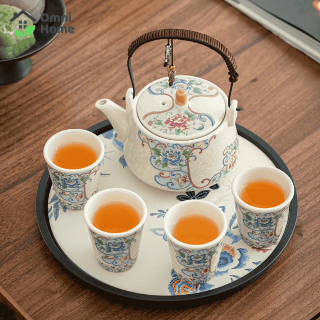 Bộ Ấm Trà Gốm Sứ Hoa Mẫu Đơn Phong Cách Cổ Trang Trung Hoa Kèm Khay