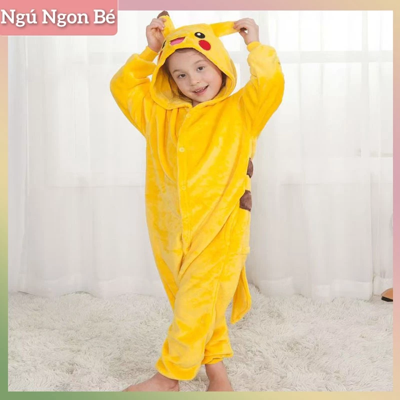 Bộ đồ liền thân Pikachu màu vàng Đồ ngủ nhung san hô cho trẻ em Đồ liền thân hoạt hình dễ thương Đồ ngủ mùa đông có mũ
