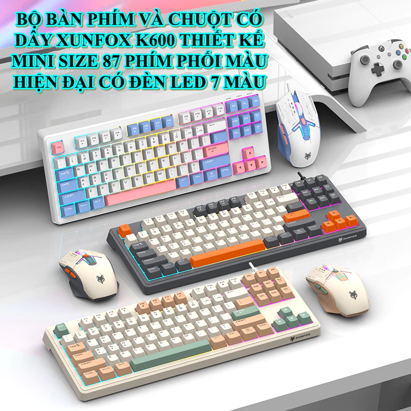 Bộ bàn phím và chuột có dây chơi game XUNFOX K600 thiết kế phím minisize 87 phím có đèn led 7 màu
