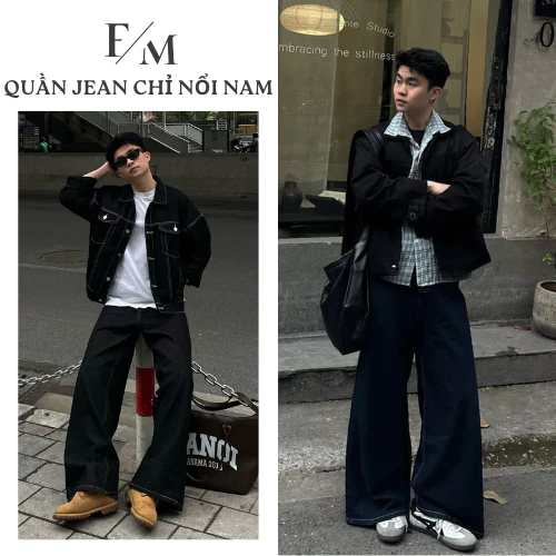 Quần Jean Nam Ống Rộng Suông Đen Chỉ Nổi Quần Bò Unisex Lưng Cao Dáng Basic BIGSIZE Cực Tôn Dáng