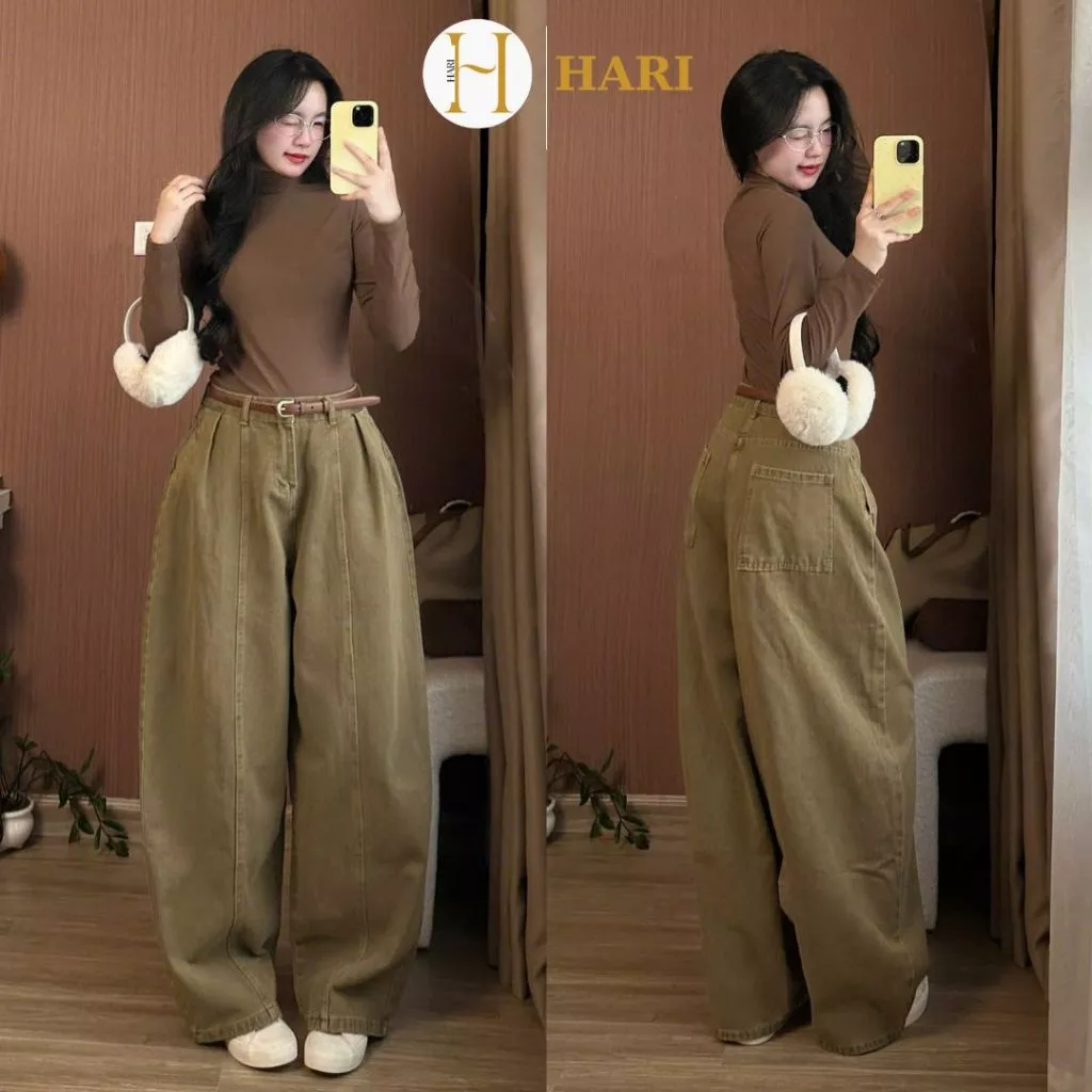 Quần jeans nữ Nâu Hari Ống Cong Dáng Jeans Harem Form Rộng Phong Cách Hàn