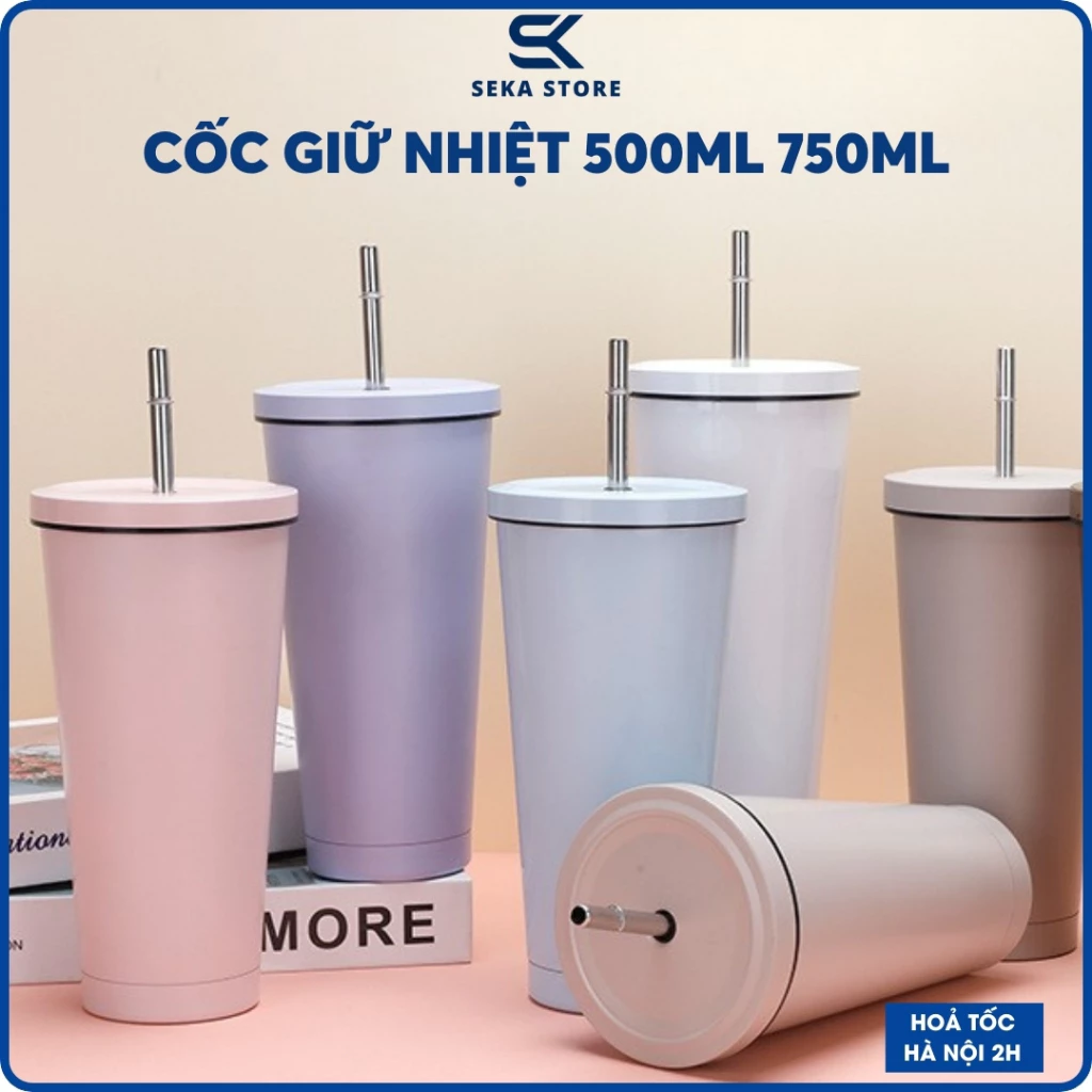 Cốc Uống Nước Giữ Nhiệt Trơn 500ml 750ml Kèm Ống Hút Chất Liệu Inox 304 Giữ Nhiệt 8-10h